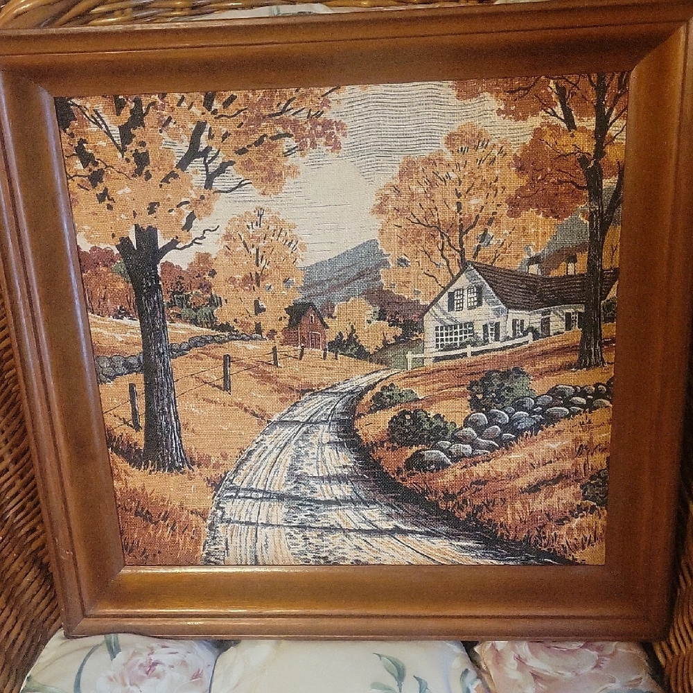 Vintage Autumn Landscape Art with Brown Frame